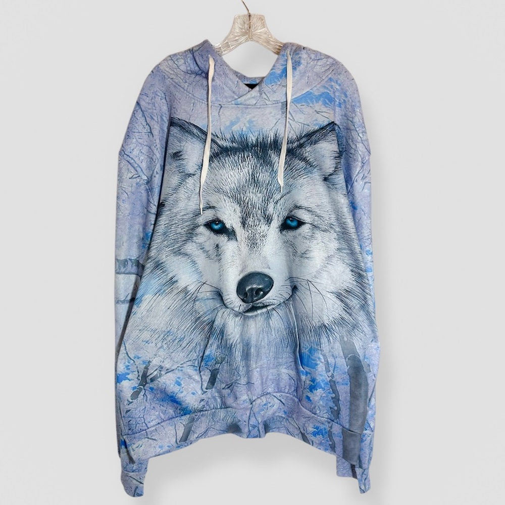 Wolf Print Pullover Hoodie Plus Size 3XL Light Blue Long Sleeve Casual Outdoor